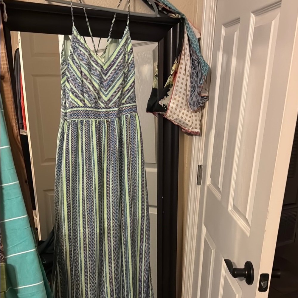 Fun green/blue/black Striped Maxi Dress with criss cross back